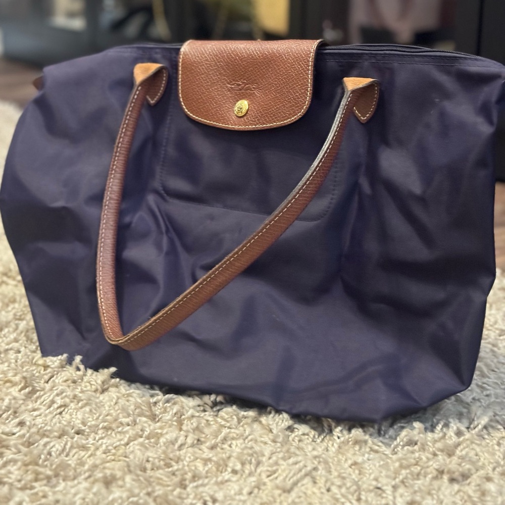 Longchamp Le Pliage Large Deep Purple Tote with Brown Leather Trim